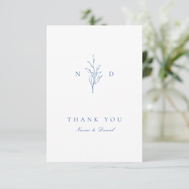 Carte De Remerciements Mariage de monogramme feuille bleu simple (Debout devant)