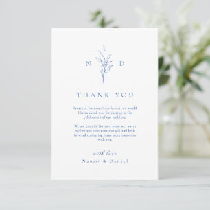 Carte De Remerciements Mariage de monogramme feuille simple bleu