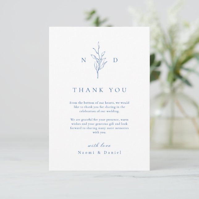 Carte De Remerciements Mariage de monogramme feuille simple bleu (Debout devant)
