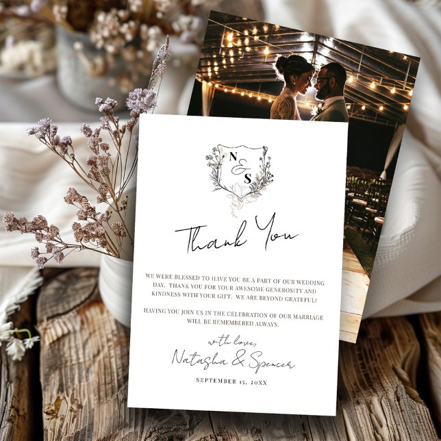 Carte De Remerciements Mariage de monogramme Formel noir et blanc de crêt (Créateur téléchargé)