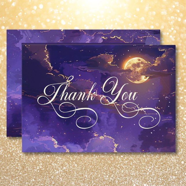 Carte De Remerciements Mariage de nuages sombres Moody Purple & Gold Moon (Dark Moody Purple & Gold Moonlit Clouds Wedding Thank You Card)