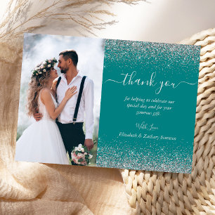 Carte De Remerciements Mariage de Parties scintillant en argent bleu Turq