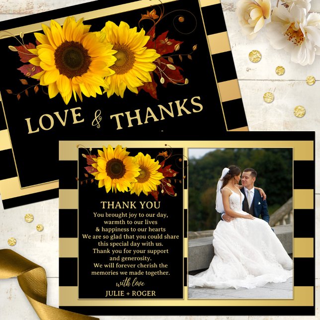 Carte De Remerciements Mariage de photos de tournesol Gold (Gorgeous photo Thank You card featuring festive sunflowers and fall leaves on a chic gold stripe)