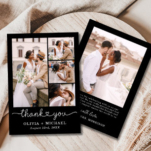 Carte De Remerciements Mariage de script Black Four Photo Collage
