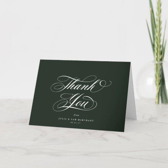 Carte De Remerciements Mariage de script noir élégant et vert foncé (Devant)