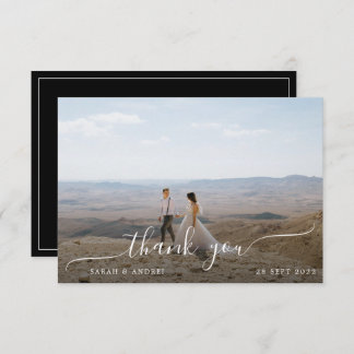 Carte De Remerciements Mariage de script photo simple Black Modern