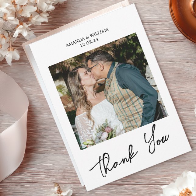 Carte De Remerciements Mariage de script simple (Modern Wedding Photo Thank You Card)