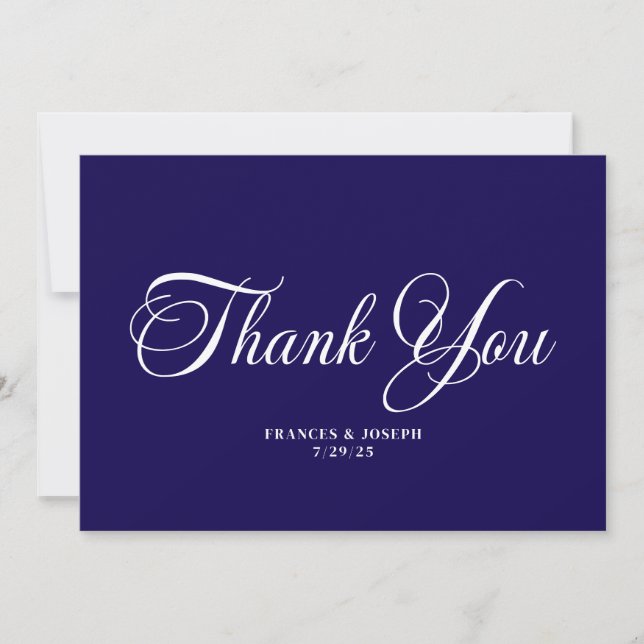 Carte De Remerciements Mariage de style formel bleu foncé beau script (Devant)