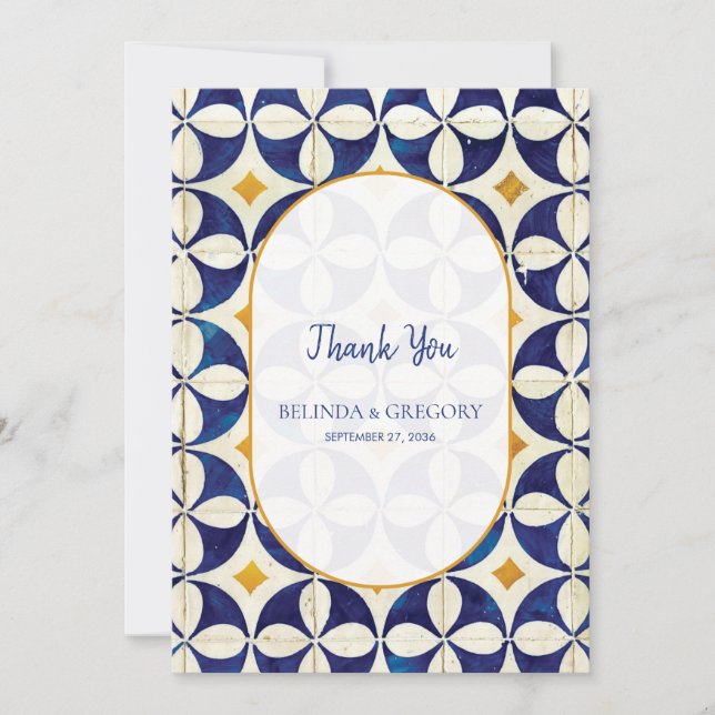 Carte De Remerciements Mariage de style portugais bleu et jaune vintage (Devant)