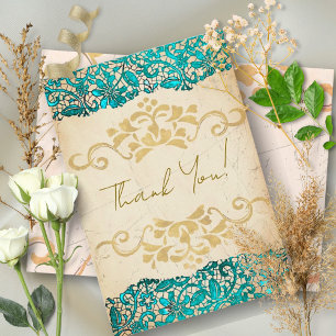 Carte De Remerciements Mariage de style vintage élégant turquoise et or
