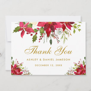 Carte De Remerciements Mariage de vacances Poinsettia Floral Gold