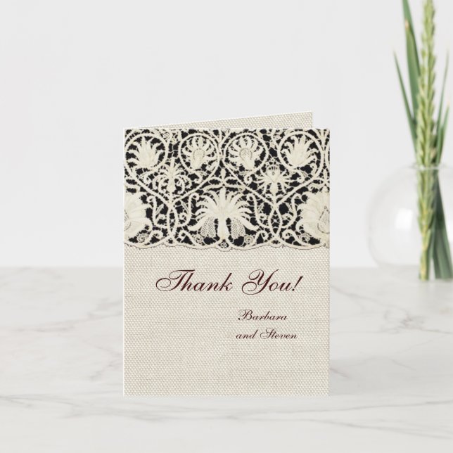 Carte De Remerciements Mariage Dentelle Antique Lin Blanc Classique Joli (Devant)