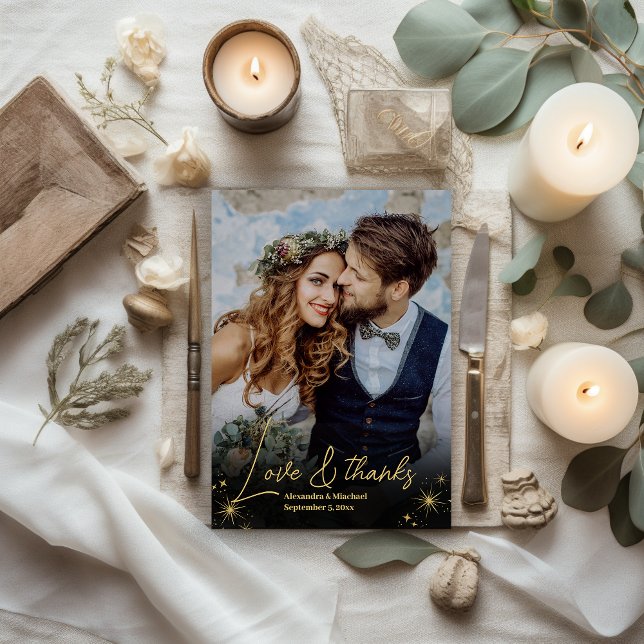 Carte De Remerciements Mariage des étoiles célestes mystiques d'or noir (Créateur téléchargé)