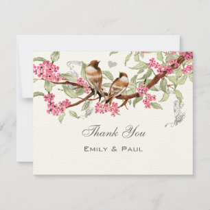 Carte De Remerciements Mariage des Inséparables Vintages rose et gris RSV