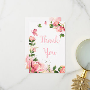 Carte De Remerciements mariage des papillons aux fleurs roses chaudes