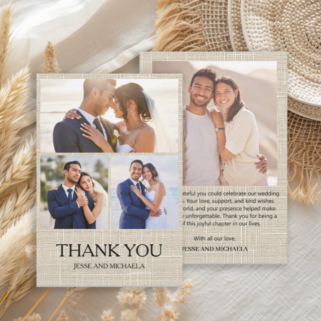 Carte De Remerciements Mariage Design Lin 4 Photos Collage Remerciements (Linen 4-photo collage wedding Thank You card)