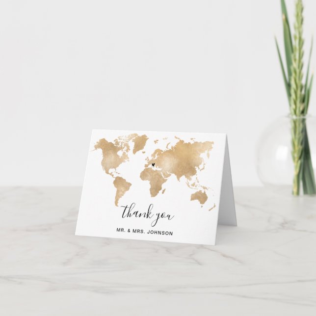 Carte De Remerciements Mariage Destination World Map Gold Removable Heart (Devant)