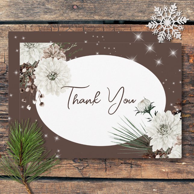 Carte De Remerciements Mariage d'étincelle d'hiver rustique (Rustic Cocoa Pine Winter Sparkle Wedding Thank You Card)