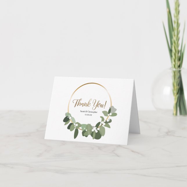 Carte De Remerciements Mariage d'hiver eucalyptus or couronne simple (Devant)