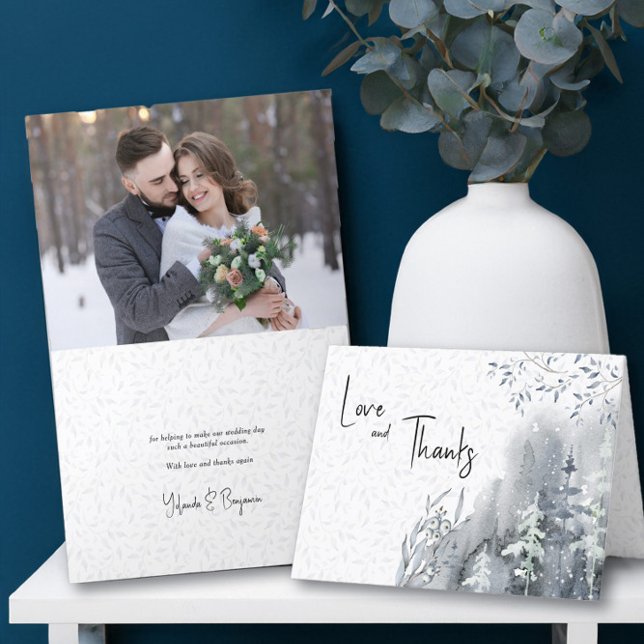 Carte De Remerciements Mariage d'hiver Forêt de neige Photo personnalisée (Wedding photo thank you card from the Snow Forest wedding collection by Darling & May)
