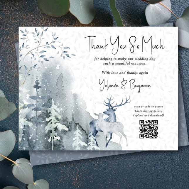 Carte De Remerciements Mariage d'hiver Forêt des neiges et cerfs (Thank you card with photo sharing qr code from the Snow Forest wedding collection by Darling & May)