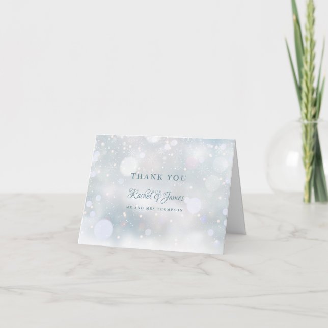 Carte De Remerciements Mariage d'hiver Script Premiers Flocons (Devant)