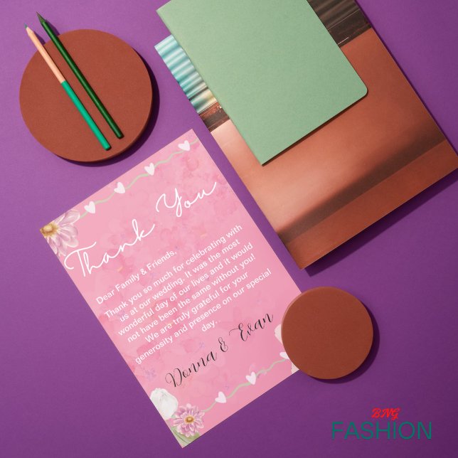 Carte De Remerciements Mariage d'illustration de couleur d'eau rose (Créateur téléchargé)