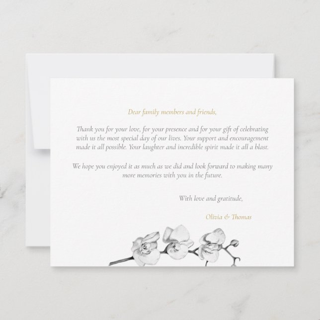 Carte De Remerciements Mariage d'orchidées d'or noir blanc moderne (Dos)