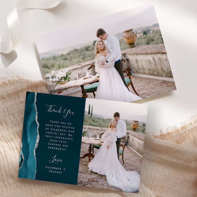 Carte De Remerciements Mariage Écriture Argent Agate Bleu Sarcelle Photo (Créateur téléchargé)