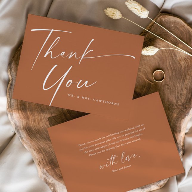 Carte De Remerciements Mariage écriture élégante moderne  (Simple Modern handwritten Script Terracotta Wedding Thank You Card.)