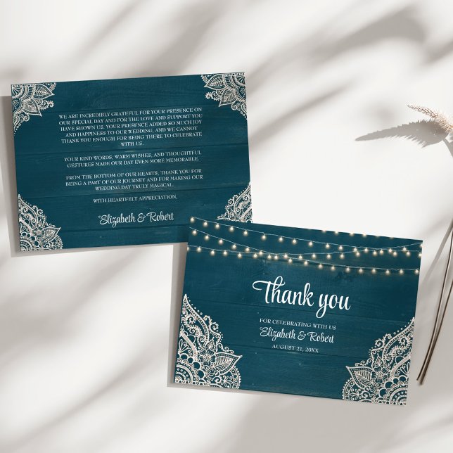 Carte De Remerciements Mariage Élégance Rustique Sarcelle Foncé (Dark Teal Rustic Elegance Wedding Thank You Card on a sunny white table.)