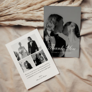 Carte De Remerciements Mariage élégant à 4 photos en noir et blanc avec é