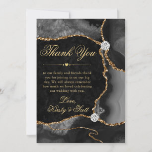 Carte De Remerciements Mariage élégant agate noir et or pailleté