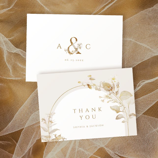 Carte De Remerciements Mariage Élégant Arche Florale Botanique en Or (Elegant Gold Botanical Floral Arch Wedding Thank You Card)