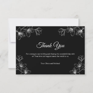 Carte De Remerciements Mariage Élégant avec Dessin Floral en Ligne Noire