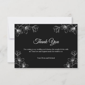 Carte De Remerciements Mariage Élégant avec Dessin Floral en Ligne Noire
