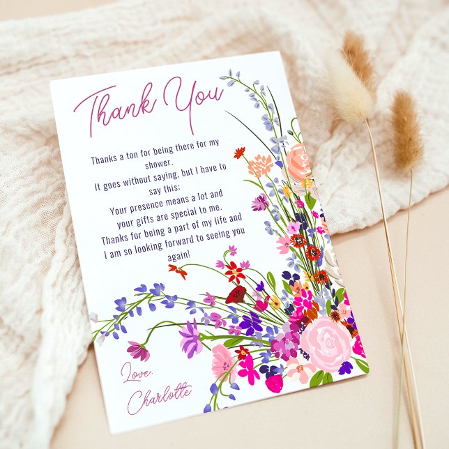Carte De Remerciements Mariage élégant avec fleurs sauvages chic et moder (Modern chic wild flowers script bridal shower thank you card)