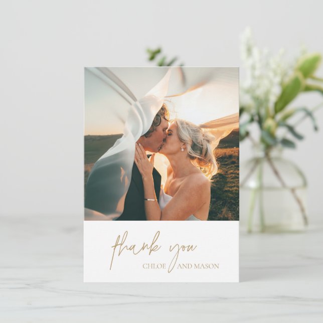 Carte De Remerciements Mariage élégant avec photo classique Gold (Debout devant)