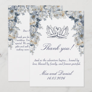 Carte De Remerciements Mariage Élégant Blanc et Cygne Bleu Poussiéreux