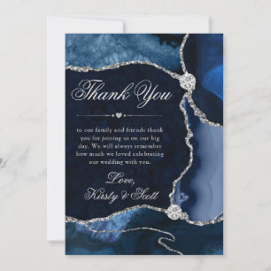 Carte De Remerciements Mariage Élégant Bleu et Argent Pailletté Agate