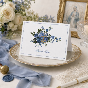 Carte De Remerciements Mariage élégant Bleu Floral Religieux