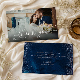 Carte De Remerciements Mariage élégant bleu marine paillettes argentées
