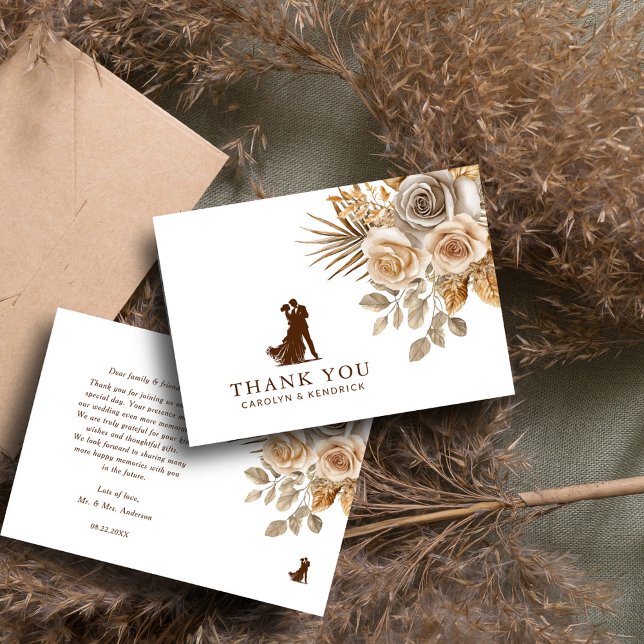 Carte De Remerciements Mariage Élégant Bohème aux Accents Floraux Neutres (Créateur téléchargé)