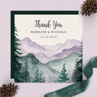 Carte De Remerciements Mariage élégant dans une forêt de montagne brumeus