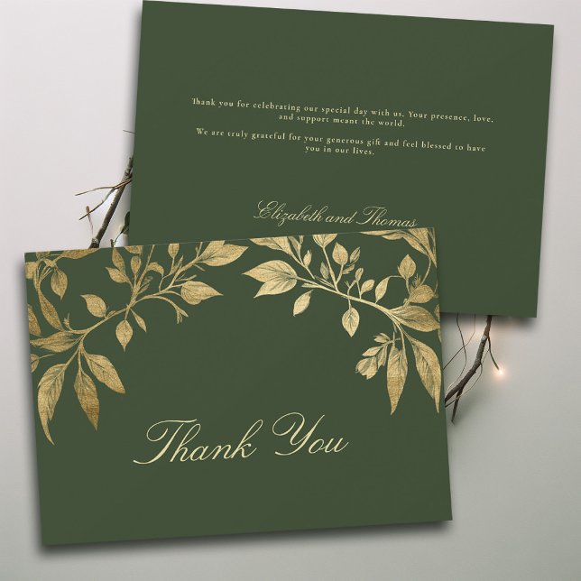 Carte De Remerciements Mariage élégant de feuillage forestier écriture bo (Forest Foliage Botanical Photo Wedding thank you card Enchanted Magical Fairy Tale Moody Gold)
