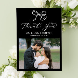 Carte De Remerciements Mariage élégant en noir et blanc avec nœud photo