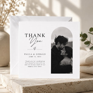 Carte De Remerciements Mariage élégant en noir et blanc avec photo arquée