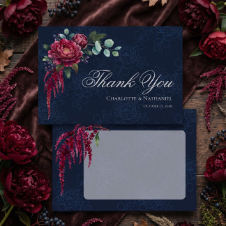 Carte De Remerciements Mariage Élégant Fleur Bleu Profond Humeur