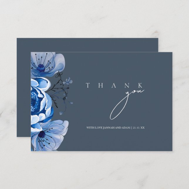 Carte De Remerciements Mariage Élégant Fleurs de Roses Bleu Royal Opulenc (Devant / Derrière)