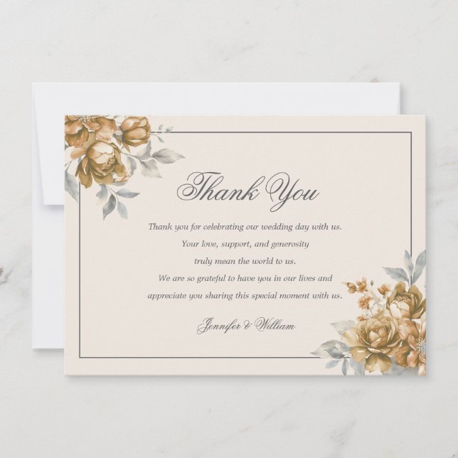 Carte De Remerciements Mariage Élégant Fleurs Rustiques Or  (Devant)